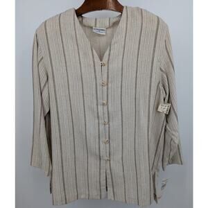 VTG NWT Alfred Dunner Beige & Brown Striped Long Sleeve Button Down Shirt Sz 18